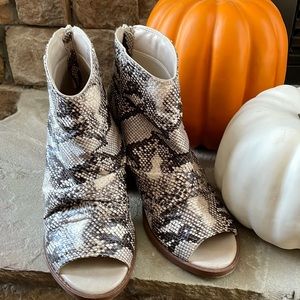 Snake print peep toe bootie